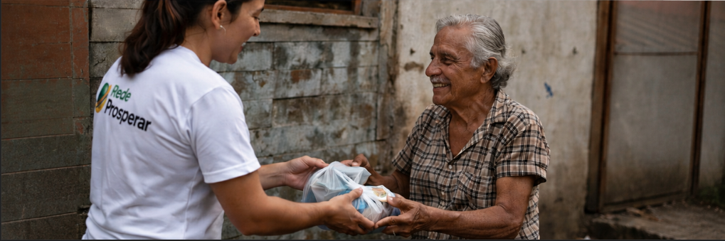 Voluntária entregando medicamentos para uma senhora